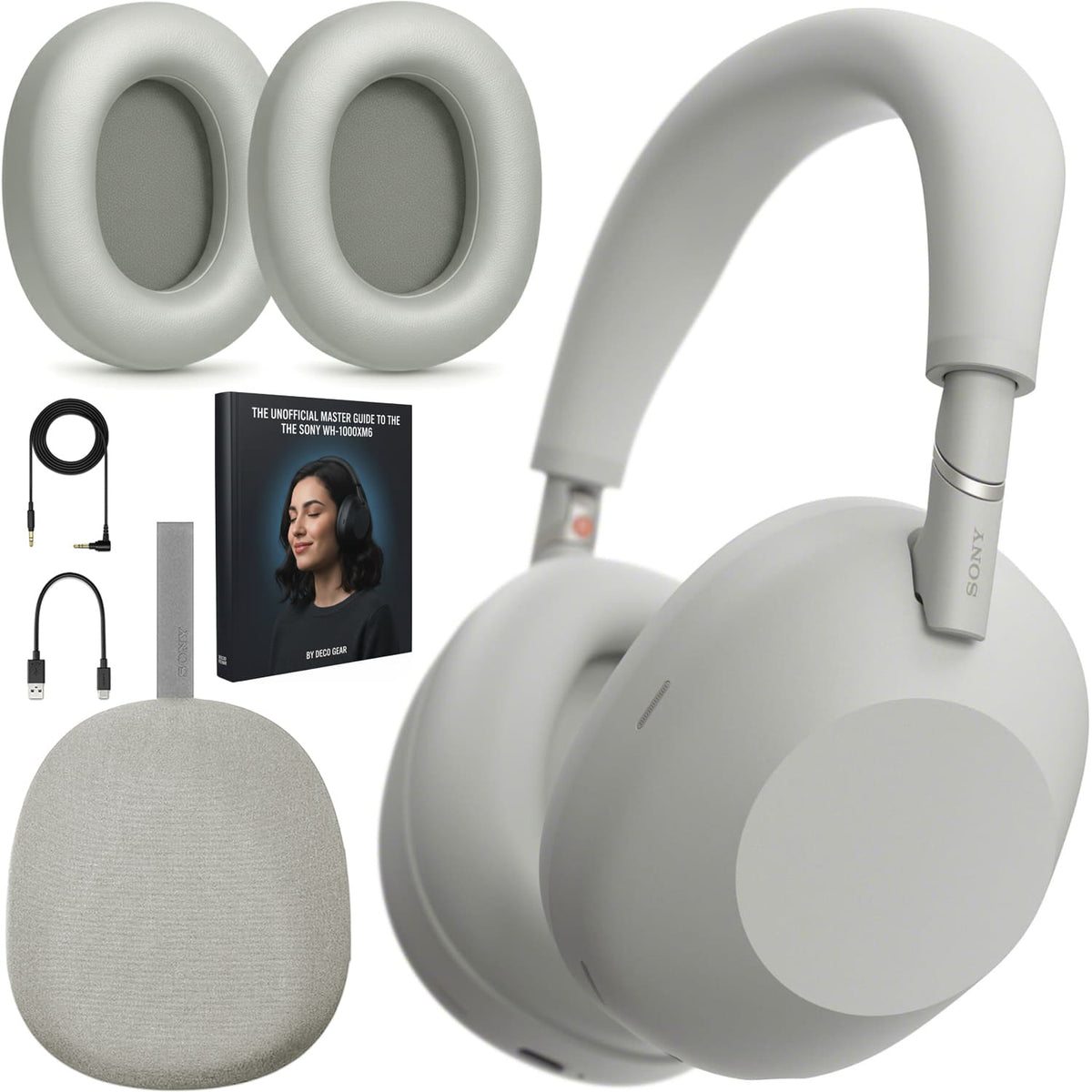 Refurbished Excellent - Bundle - Sony - WH-1000XM6 Best Wireless Noise Canceling Headphones + Deco Gear XM6 Guide & Accessory - Platinum Silver