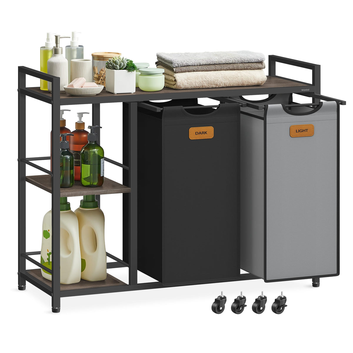 Songmics Home - Laundry Hamper with 2 Compartments,26.4 Gal.(100 L) Laundry Sorter,Rolling Laundry Cart with Shelves,Removable Liners - Ink Black and Dove Gray
