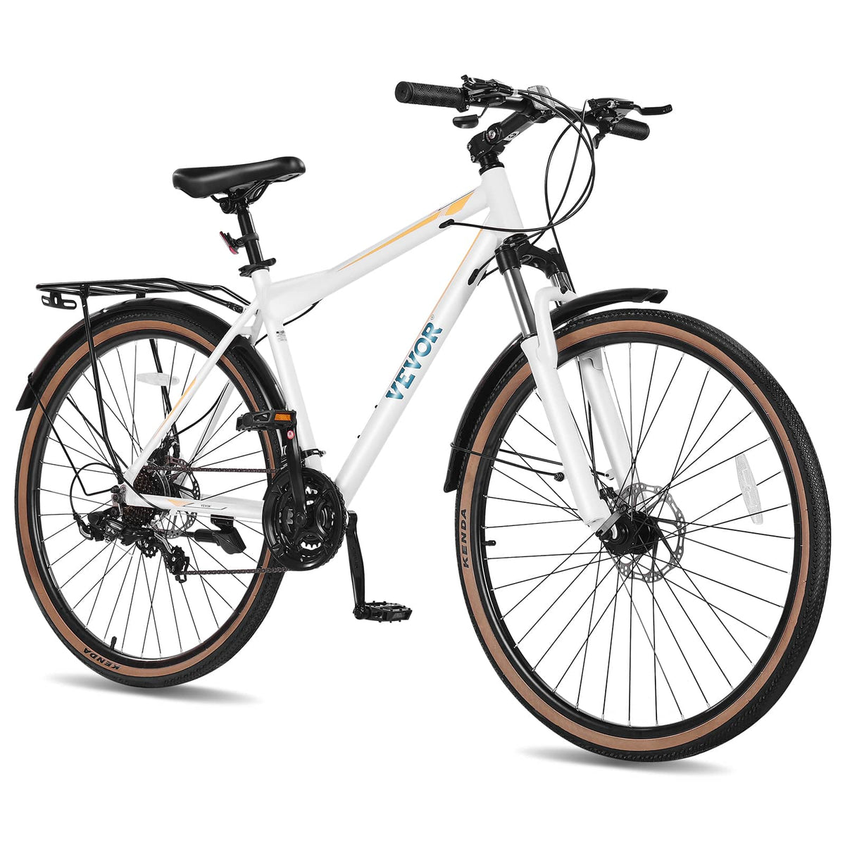 VEVOR - Hybrid Bike, Lightweight Aluminum Frame Bike, 700c Wheel Hybrid Bicycle,Step-Over Bikes,with 24-Speed Shimano Drivetrain - White, black