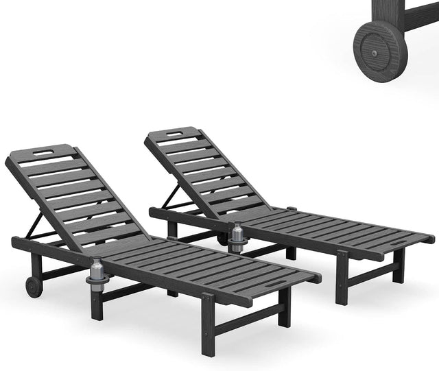 Front. SERWALL - SERWALL Outdoor Armless Chaise Lounge Chairs Set of 2 with Cupholder and Wheels, Grey - Grey.