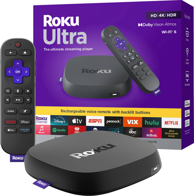 The text on the image reads: "OK Roku Ultra + 4K | HDR | Dolby Vision | Atmos | Wi-Fi 6 | The ultimate streaming player | Roku Channel | Disney+ | tv+ | prime video | Netflix | Spotify | ABC | ESPN | Peacock | Hulu | Redbox | more... | Roku."