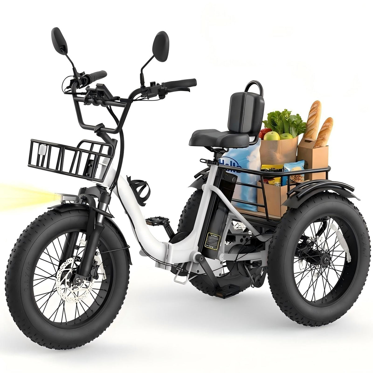 Syedee - Electric Tricycle for Adults, 750W(Peak 1350W) Motor, 48V13Ah Battery, 20"x4" Folding Fat Tire 3-Wheel Electric Trike - White
