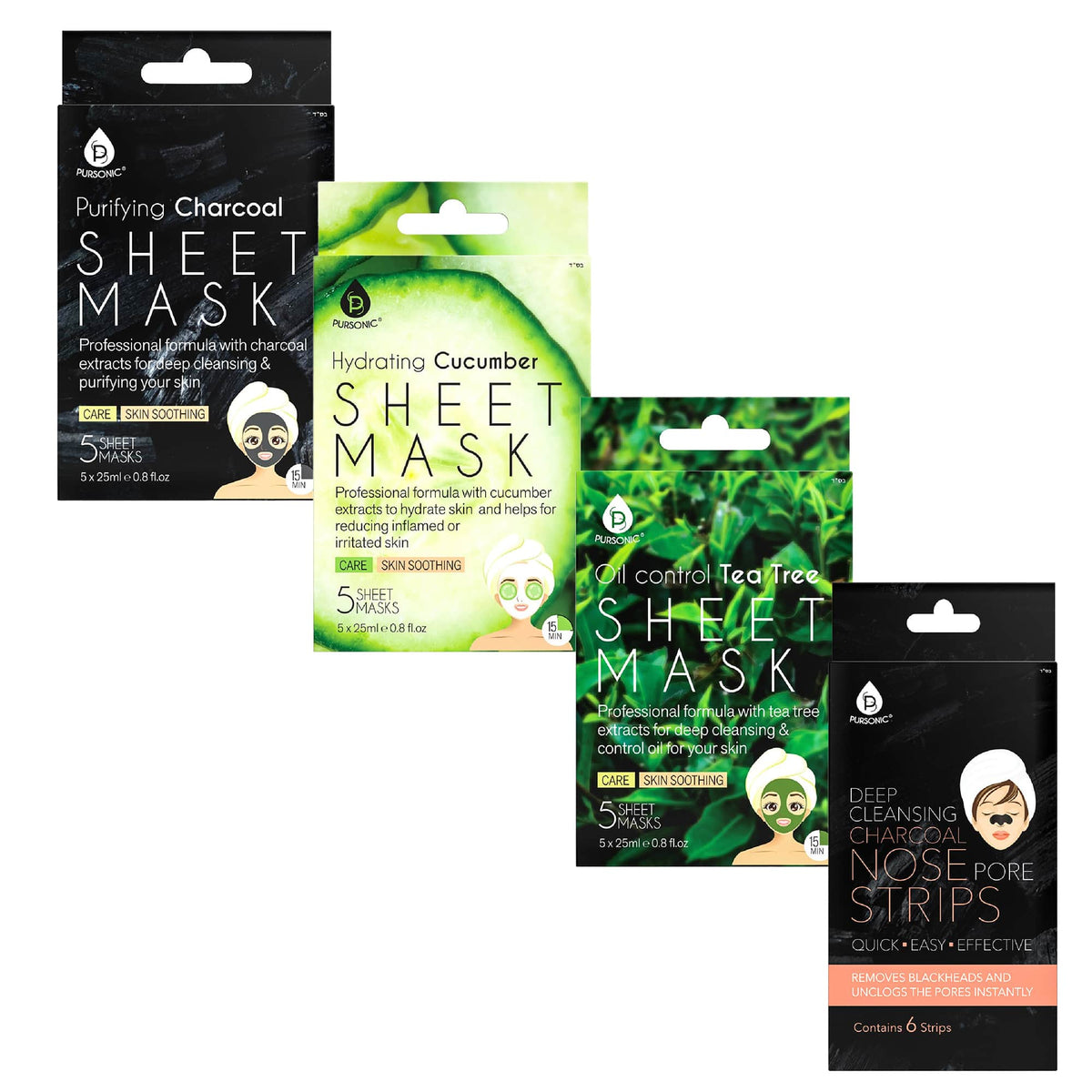 Pursonic - Ultimate Skincare Bundle: Charcoal, Tea Tree & Cucumber Sheet Masks + Charcoal Nose Pore Strips