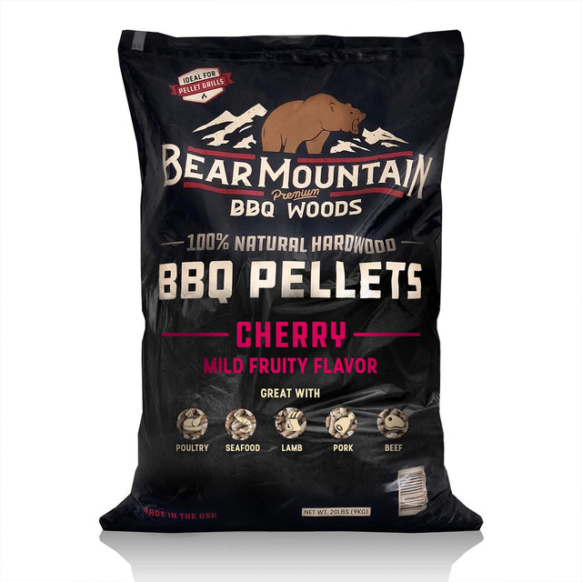 FOR IDEAL GRILLS PELLET A BEAR MOUNTAIN Premium BBQ WOODS 100% NATURAL HARDWOOD BBQ PELLETS CHERRY MILD FRUITY FLAVOR GREAT WITH POULTRY SEAFOOD LAMB PORK BEEF MADE IN THE USA NET WT. 20LBS (9KG)