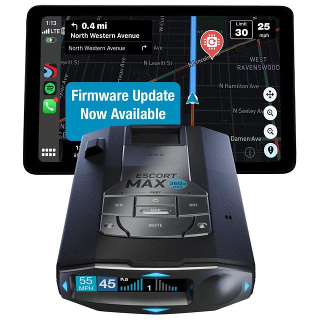 1:13 LTE 0.4 mi North Western Avenue  
Cull W Well ck Limit 30 25 mph  
North Western Avenue  
Ave N Leavitt St  
N Ravenswood Ave  
N Hamilton Ave  
N Seeley Av  
Damen Ave  

Firmware Update Now Available  

ESCORT MAX 360c MKII  
PREF SEN MBK BRT MUTE  
55 MPH 45 Ka