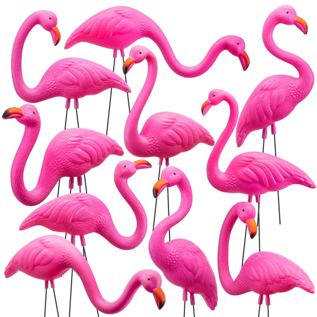 Front. Joyfy - 10 Pack Small Pink Flamingo Yard Ornaments, Mini Lawn Statues with Metal Legs for Outdoor Garden Luau Decor.