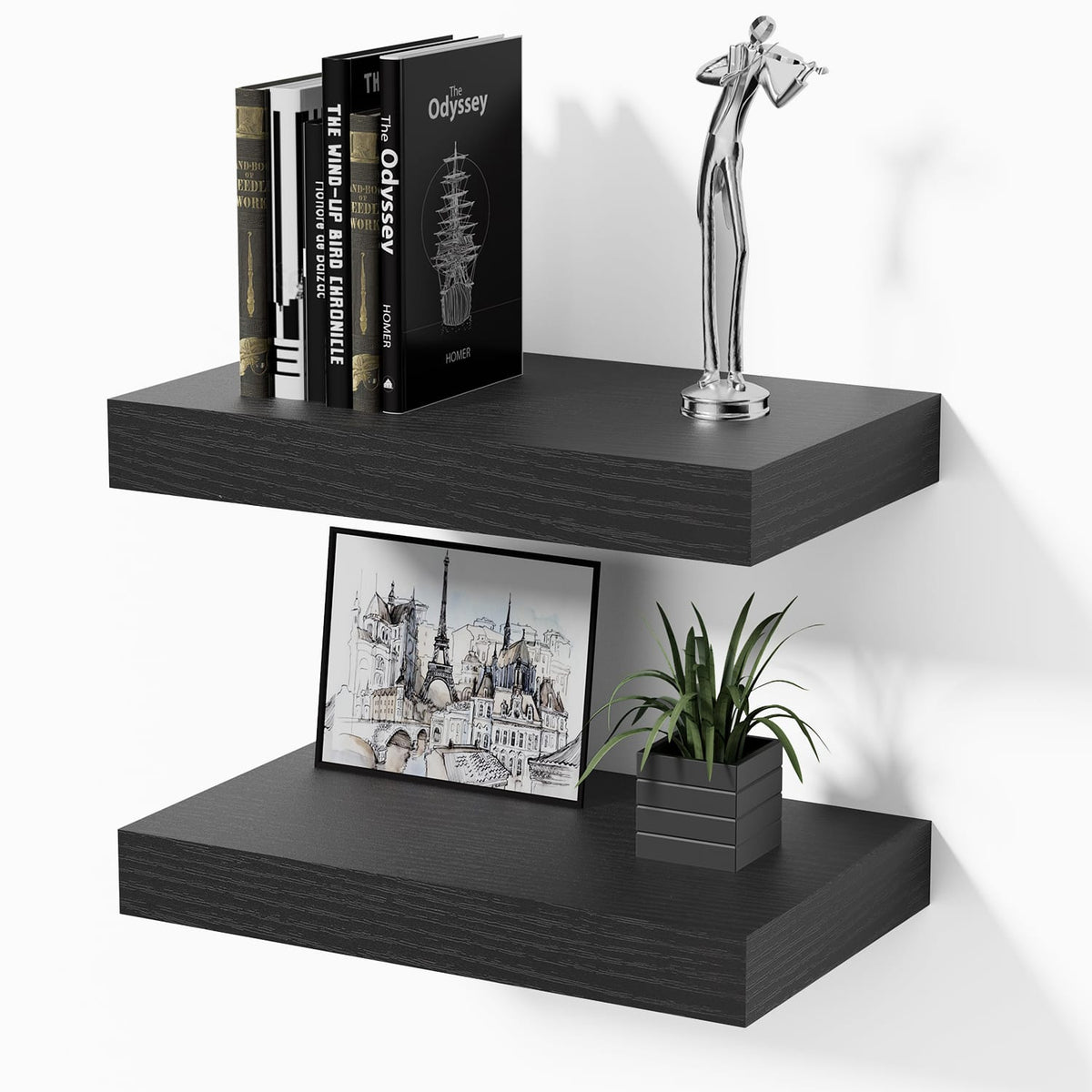BOMEDA - Wooden Floating Shelves for Wall, Wall Shelf for, Bedroom, Living Room, Bathroom Shelves Storage, 12x7x1.5 in, 2 Pack - Black