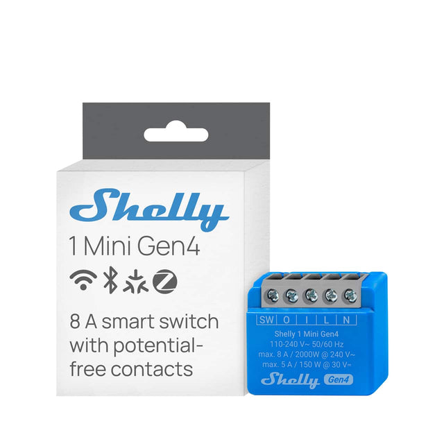 Shelly 1 Mini Gen4  
8 A smart switch with potential-free contacts  

Shelly 1 Mini Gen4  
110-240 V~ 50/60 Hz  
max. 8 A / 2000W @ 240 V~  
max. 5 A / 150 W @ 30 Vm  

SW O I L N  
Shelly Gen4