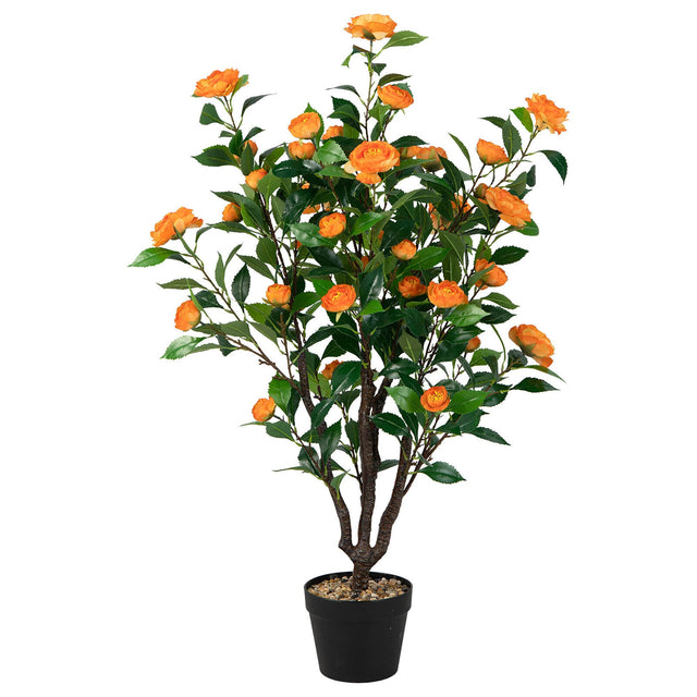 Front. Gymax - Gymax 3.3 FT Artificial Tree Artificial Camellia Tree Faux Plant for Indoor & Outdoor - Green + Yellow.
