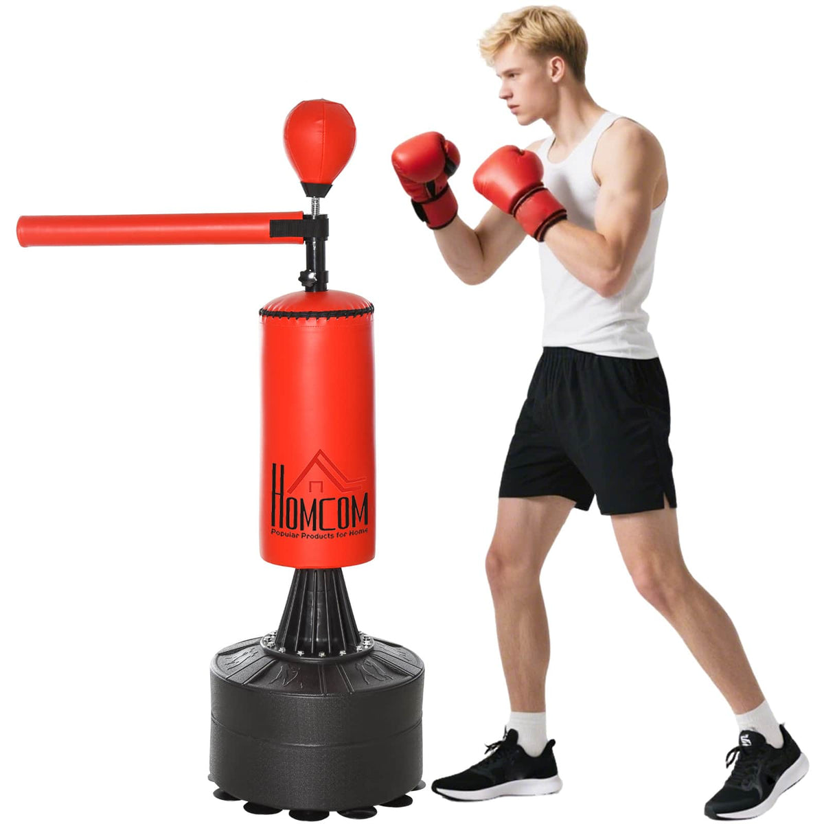 Soozier - Boxing Bag, Freestanding Punching Bag with Speed Ball, Rotating Boxing Bar and Gloves, Weighted Base - Black, Red