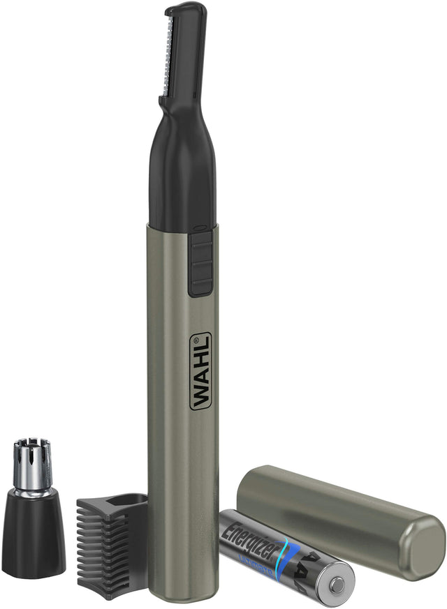The image features a WAHL Energizer LT1400 AA battery, a toothbrush, and a comb. The toothbrush and comb are both black, while the battery is green. The toothbrush is positioned next to the battery, and the comb is located to the right of the toothbrush. The battery is placed at the top of the image, with the toothbrush and comb below it.