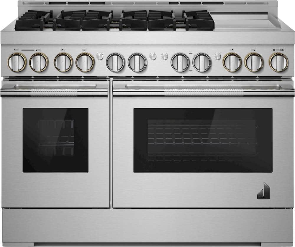 JennAir - 48 in. Wide 6 Burner RISE 6.3 Cu. Ft. Freestanding Double Oven Gas True Convection Range with Chrome-Infused Griddle - Stainless Steel
