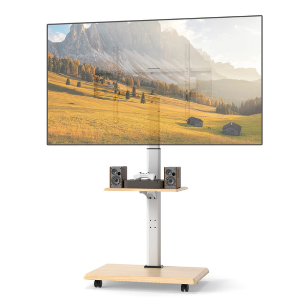 Gymax - Rolling TV Stand on Wheels w/30 Degree Tilt Mount Adjustable Shelf & Cable Management Natural & White - Yellow