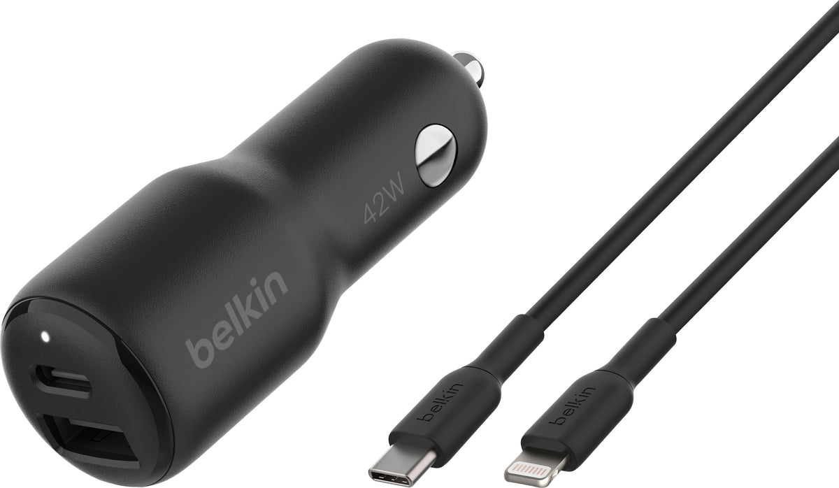 Belkin - BOOST↑CHARGE Dual Car Charger 42W with USB-C to Lightning Cable - Black