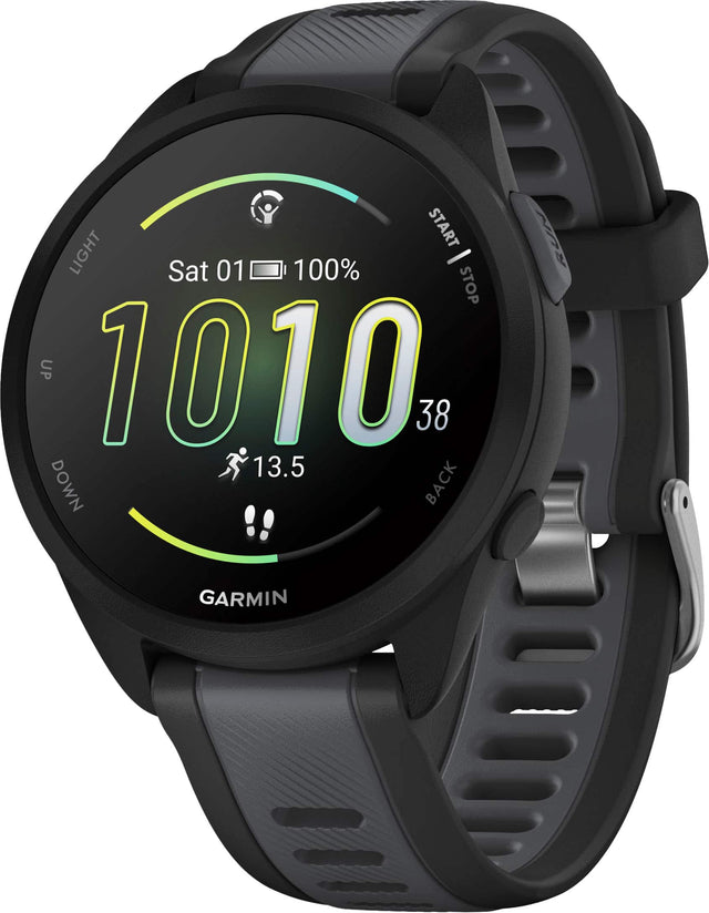 The text on the image reads: "START LIGHT Sat 01 100% - STOP UP 1010 38 13.5 DOWN BACK GARMIN." This text is likely related to the Garmin watch, which is designed for outdoor activities and sports. The watch displays the current time, date, and weather conditions, as well as other relevant information such as the percentage of battery life remaining, the altitude, and the distance traveled. The watch also features a stopwatch function, which can be used to track time intervals during activities.