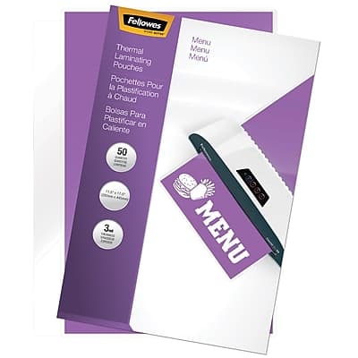 Fellowes  
Thermal Laminating Pouches  
Pochettes Pour la Plastification à la Chaleur  
Bolsas Para Plastificar en Caliente  

Menu Menu Menu  

50  
3.3 mil  
100 microns  

MENU