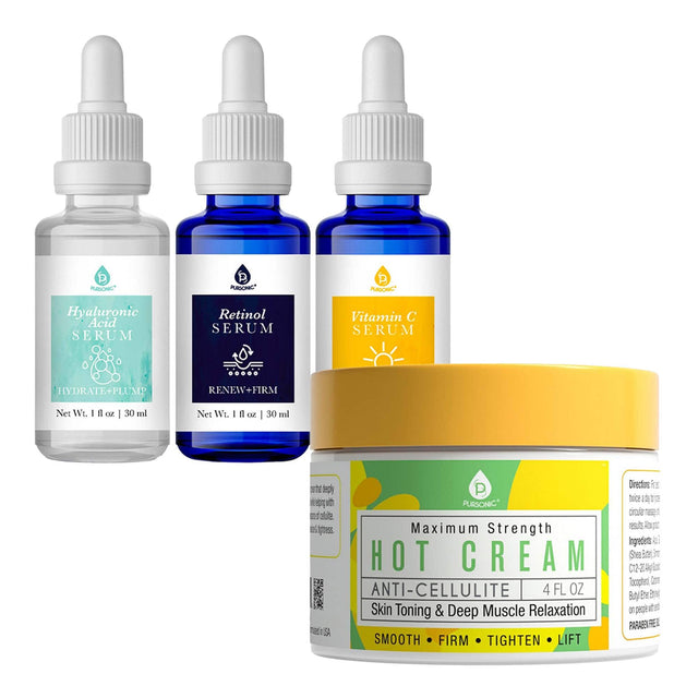 **Hyaluronic Acid SERUM**  
HYDRATE+PLUMP  
Net Wt. 1 fl oz | 30 ml  

**Retinol SERUM**  
RENEW+FIRM  
Net Wt. 1 fl oz | 30 ml  

**Vitamin C SERUM**  

**Maximum Strength HOT CREAM**  
ANTI-CELLULITE  
4 FL OZ  
Skin Toning & Deep Muscle Relaxation  
SMOOTH • FIRM • TIGHTEN • LIFT  

Ingredients:  
- C12-15 Alkyl Benzoate  
- Tocopheryl Acetate  
- Paraben Free  

Directions:  
Use as directed.  
For best results, use daily.  
Made in USA  

P PURSONIC