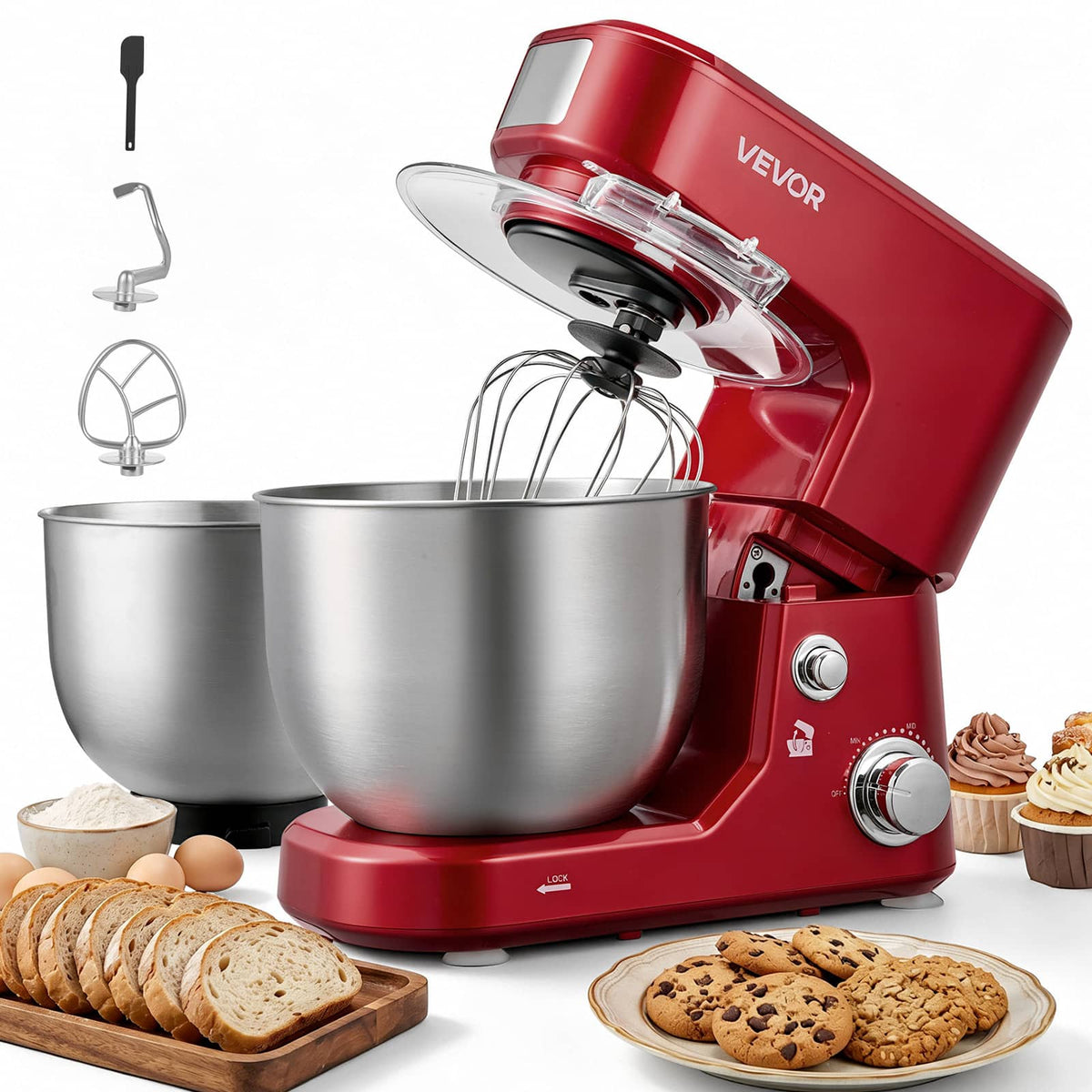 VEVOR - 5.3+4.2 Qt Tilt Head Stand Mixer 400W Electric Dough Mixer, 3 Speeds Food Kitchen Mixer with Stainless Steel Bowl - Red;Silver