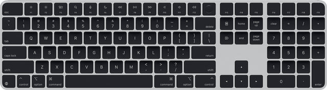 The text on the image is a list of keys on a keyboard. The keys are grouped as follows:

1. Function keys: F1 to F12
2. Numeric keys: 1 to 9, and 0
3. Modifier keys: shift, control, option, and command
4. Navigation keys: home, page up, page down, end, and arrow keys
5. Punctuation keys: @, #, $%, &, ., /, +, -, and delete
6. Numeric keypad keys: 7, 8, 9, and clear
7. Navigation keys: up, down, left, and right arrow keys
8. Function keys: F13 to F19
9. Numeric keypad keys: 1 to 9, and 0
10. Function keys: F