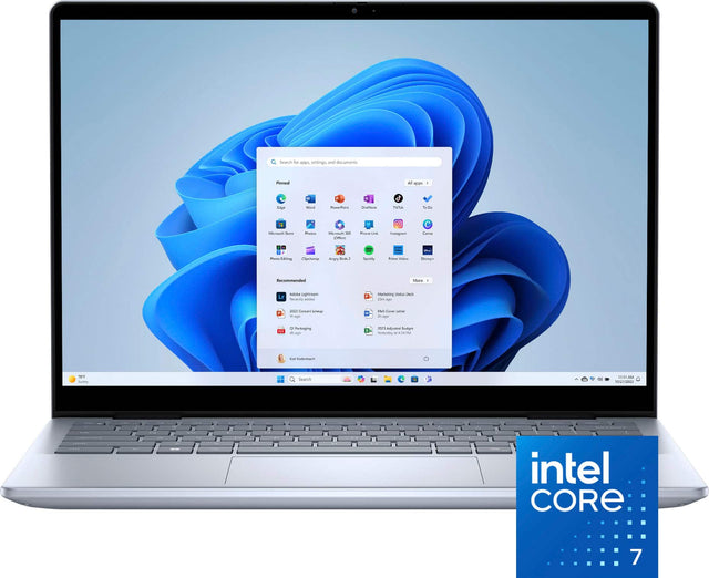 Intel Core 7 is a powerful processor that offers a high level of performance for various tasks, such as gaming, video editing, and multitasking. The image features a laptop with Intel Core 7 technology, which is designed to provide a seamless and efficient computing experience. The laptop is equipped with a touch screen, making it easy to navigate and interact with the device. Additionally, the laptop has a dedicated space for storing and organizing files, such as documents, photos, and other media, which c