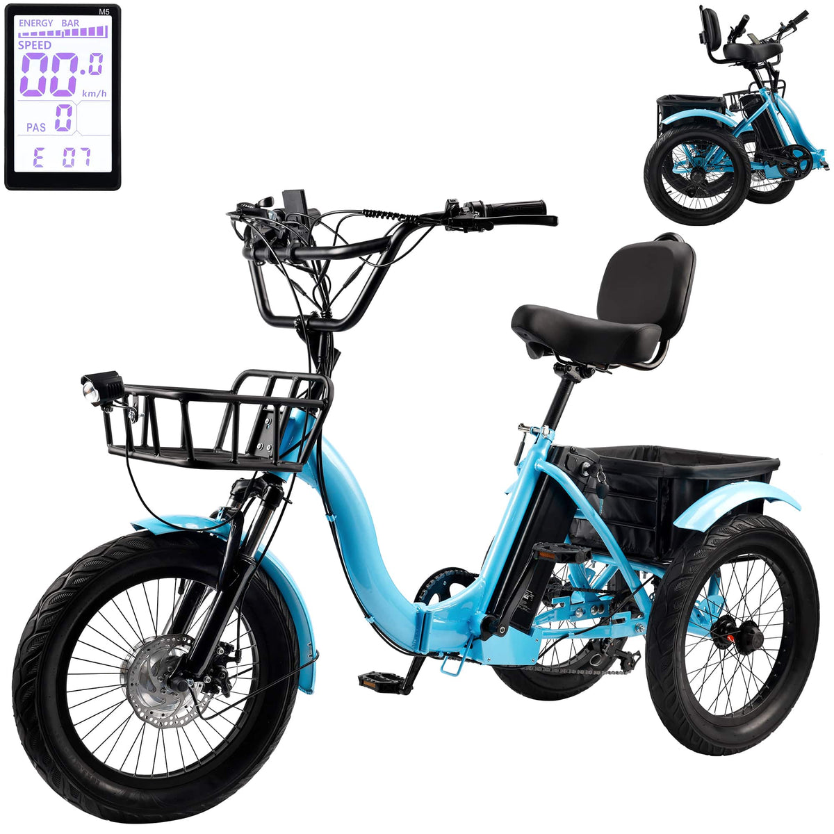 Topteng - 18" 7-Speed Electric Tricycle with 48V Battery, 350W(525W Peak) Motor, 19 Mph,28 Miles, IPX7 Waterproof Display - Blue