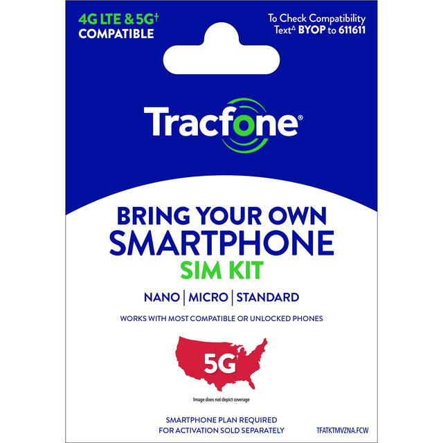 Tracfone Bring Your Own Smartphone SIM Kit Nano | Micro | Standard Works with Most Compatible or Unlocked Phones 4G LTE & 5G+ Compatible To Check Compatibility Text BYOP to 611611 Tracfone Smartphone Plan Required for Activation Sold Separately TFATKTMVZNA.FCW