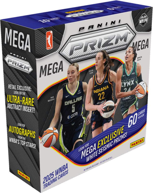PANINI PRIZM MEGA  
10 CARDS PER BOX  
2025 WNBA TRADING CARDS  

RETAIL EXCLUSIVE:  
LOOK FOR THE ULTRA-RARE ABSTRACT INSERT!  

LOOK FOR 60 AUTOGRAPHS FROM THE WNBA'S TOP STARS!  

LOOK FOR MEGA EXCLUSIVE WHITE SEISMIC PRIZMS!  

MEGA PRIZM MEGA PANINI  

60 CARDS PER BOX  

NO PURCHASE NECESSARY. SEE INSIDE FOR DETAILS.