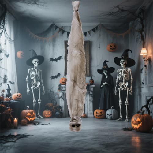 Winado - 3FT Halloween Hanging Cocoon Skeleton with Motion, Sound, Scary Ghost Prop for Outdoor Yard Patio Lawn Garden Decoration - White