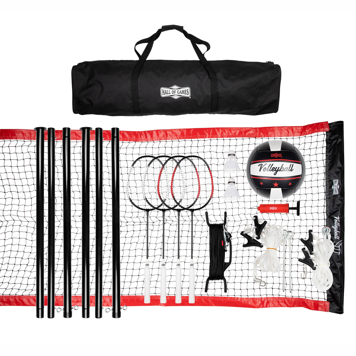Hall of Games - 32-ft Outdoor Volleyball and Badminton Net with Carrying Bag Accessories Set - White / Red / Black