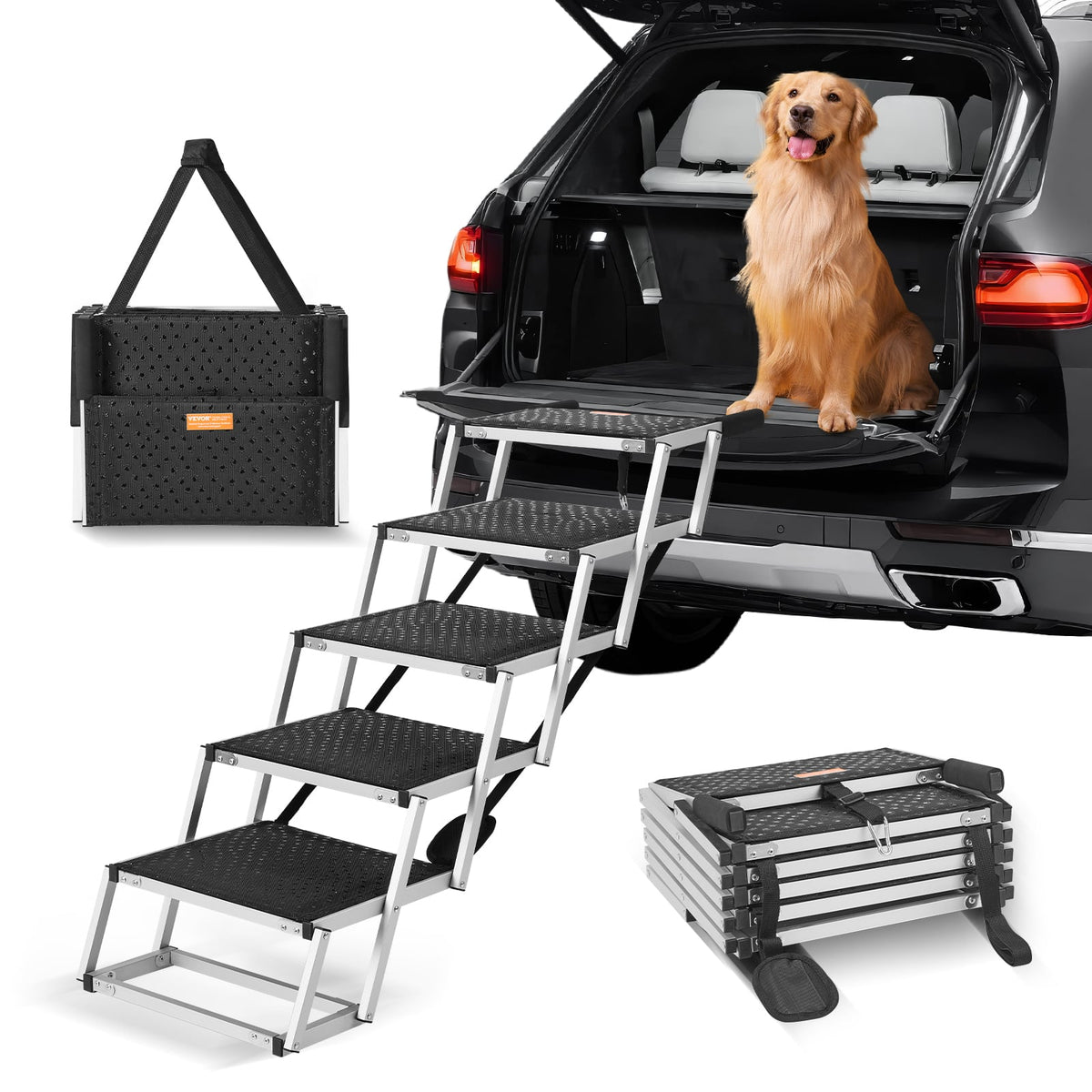 VEVOR - Dog Stair for Cars, Wide 5-step Dog Car Steps, Folding Dog Car Ramp with Nonslip Surface, Supports up to 150 lbs - Black