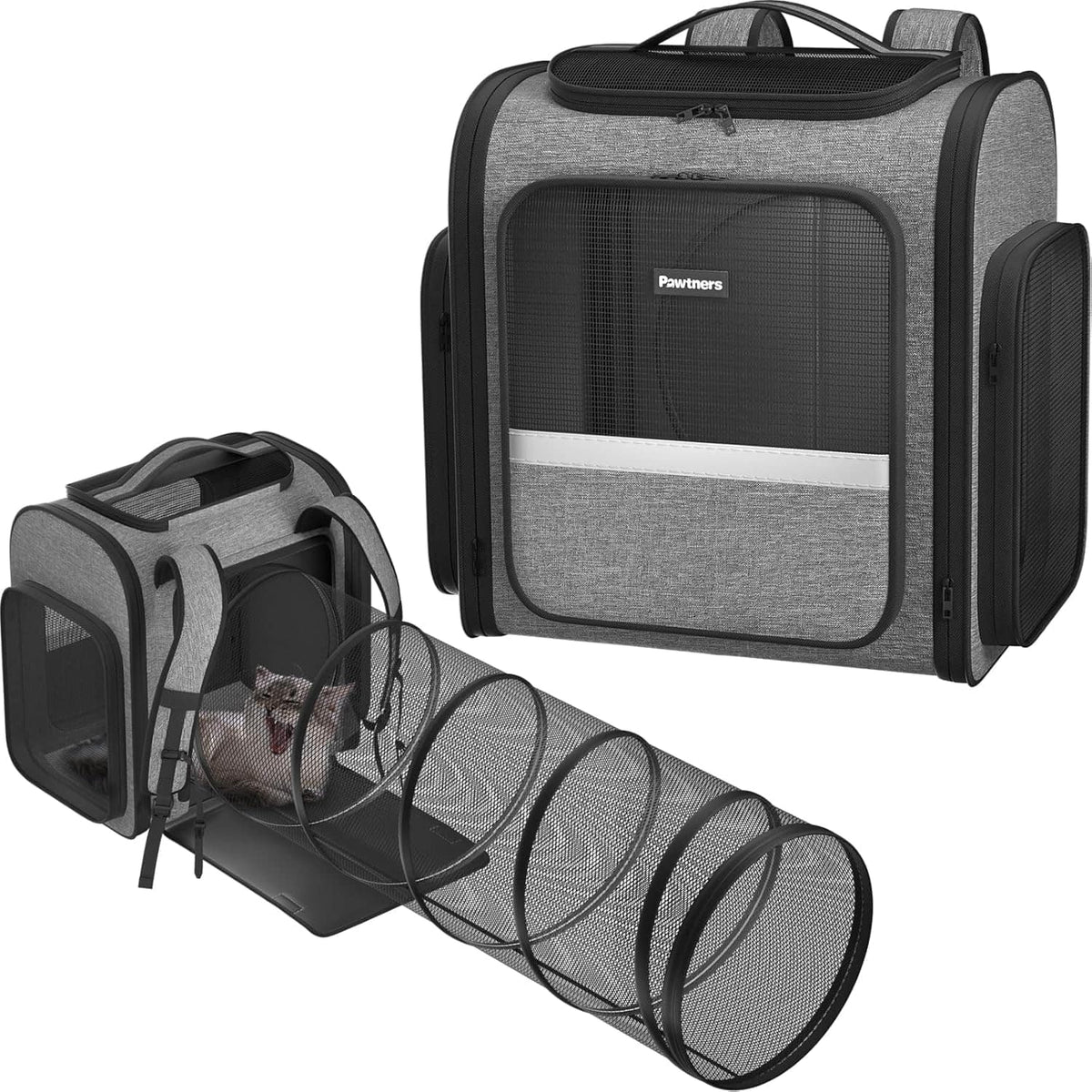 Pawtners - Cat Carrier Backpack with Tunnel, Mesh & Linen, for Cats & Small Dogs, Travel Bag for Hiking & Camping - Gray