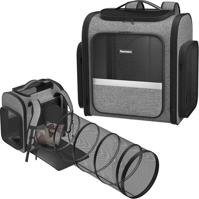 Front. Pawtners - Cat Carrier Backpack with Tunnel, Mesh & Linen, for Cats & Small Dogs, Travel Bag for Hiking & Camping - Grey.