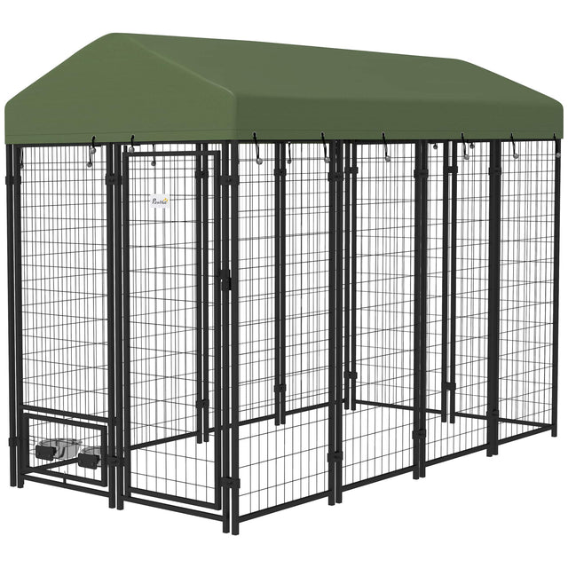 Front. Pawhut - Dog Kennel with Rotating Bowl Holders, Pet Playpen with Waterproof Cover - Green.