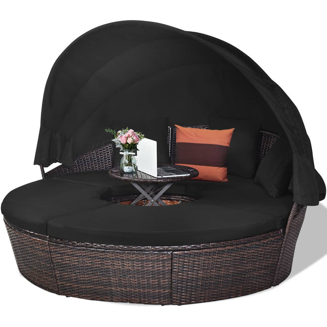 Front. Costway - Patio Rattan Daybed Cushioned Sofa Adjustable Table Top Canopy - Black.