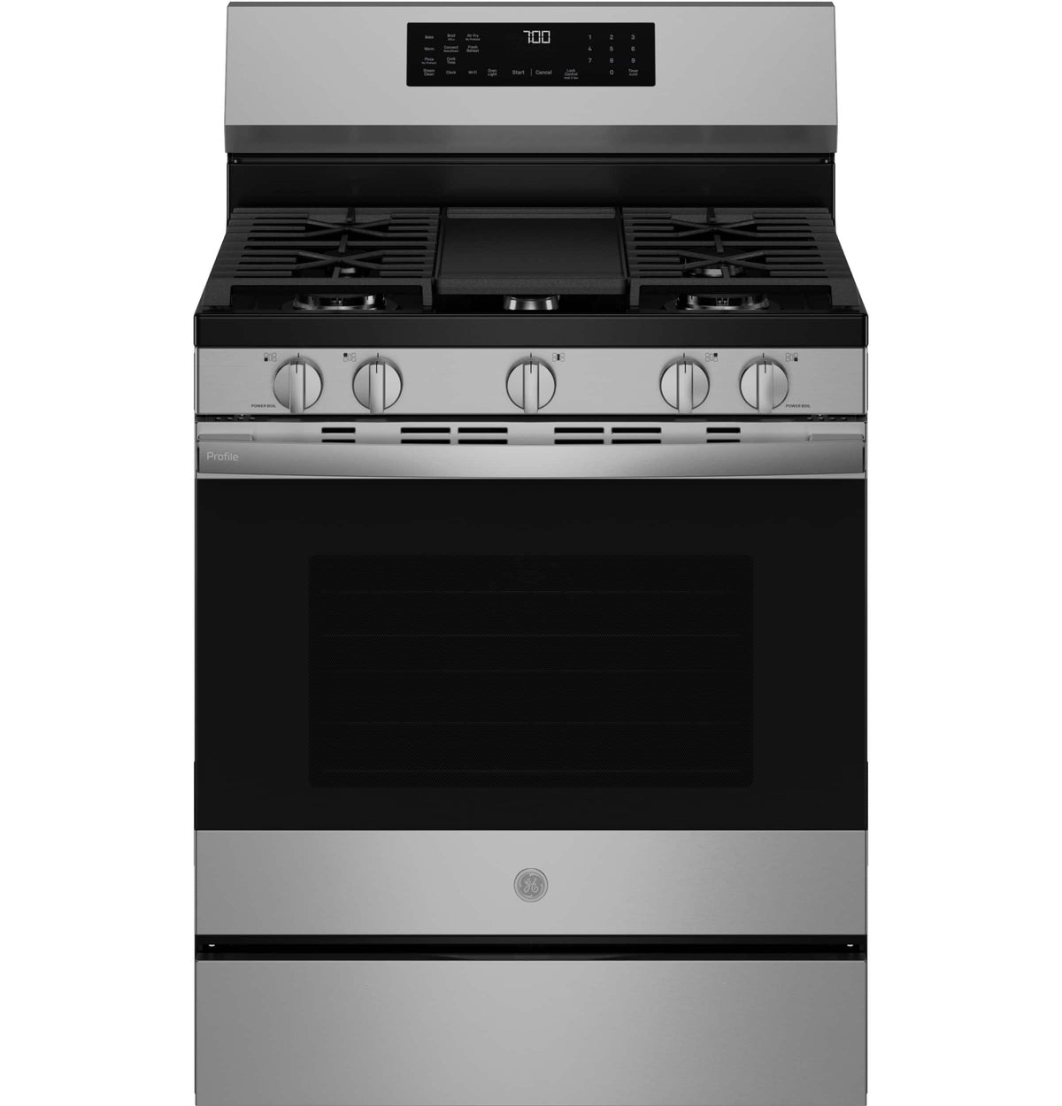 GE Profile - 30 in. Wide 5 Burners 5.3 Cu. Ft. Smart Freestanding Gas Convection Range w/ Steam Clean, Air Fry and EasyWash Oven Tray - Stainless Steel