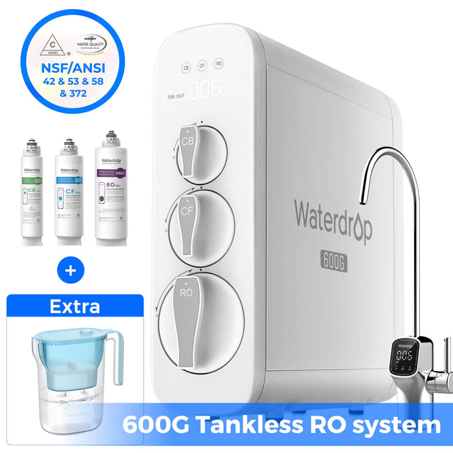 C - WAiTe QUALITY i ... AU NSF/ANSI 42 & 53 & 58 & 372 OF RO CE TDS OUT 006 CB waberdrop Watentah 8 Watendrdp - + - - | PSOE RO I CF Waterdrop 600G Extra RO Waterdrop 600G Tankless RO system