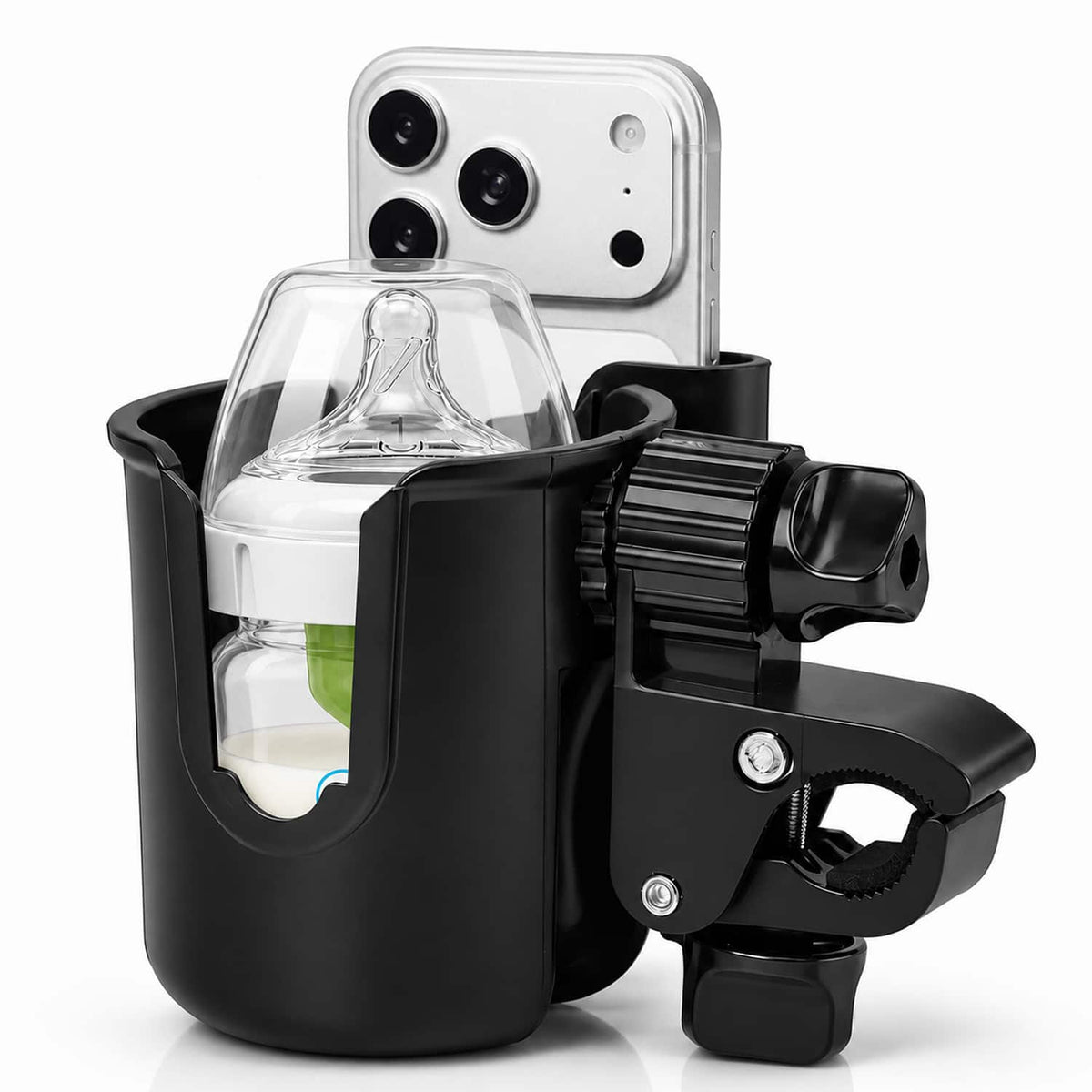 Fosmon - Stroller Cup Holder with Phone Holder, Universal Cup Holder Stroller Attachment Organizer, Bike Cup Holder for Walker - Black
