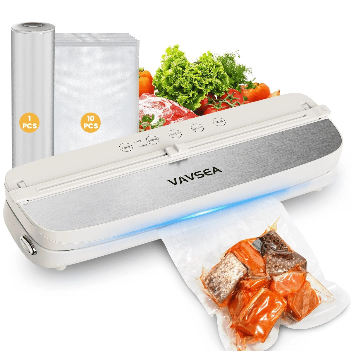 VAVSEA - Vacuum Sealer Machine 75KPa Built-in Cutter 6 Modes Food Saver with Bags Roll Included - White