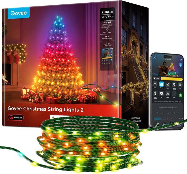 Govee  
200LED 66ft/20m  
RGBWIC RGBIC+Warm White Lighting  
DIY Mode  
130+ Preset Scenes  
APP Control  
Connected  
100%  
mollow  
Evena  
Music  
ELL GRAPA  
DAY  

Finger N Made shaten Display nowing lighting ellerie babed an the selected some  
Govee Christmas String Lights 2 G Holiday  
RGBWIC Shines, White Invites.  
Direction .. nest supported by - This SAN dass not support POKES adjustment. Natural Festival Funny Life
