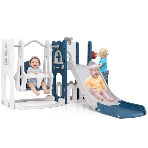 Costway - 7 in 1 L-shaped Toddle Swing and Slide Set with Swing, Basketball Hoop & Telescope - Blue+White