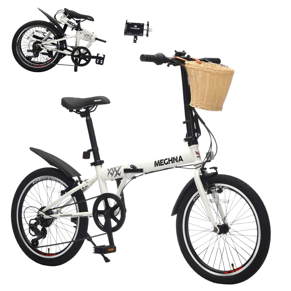 Anysun - 20" Folding Commuter Bike for Adults - Steel Frame, 6-Speed, Dual V-Brakes, Includes Basket, Phone Holder & Fenders - White