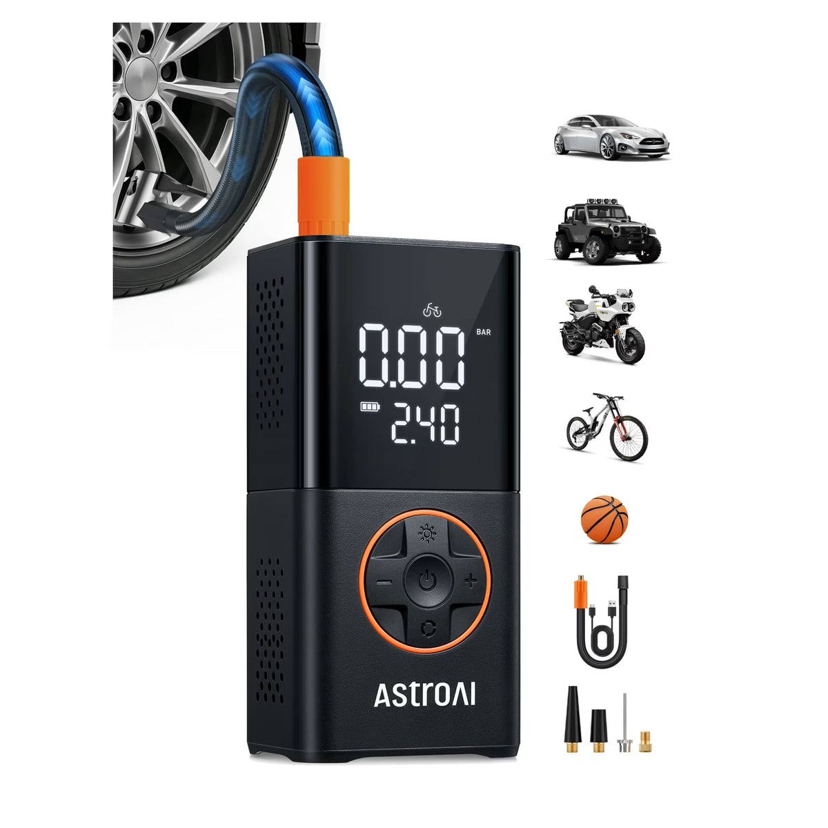 AstroAI - Tire Inflator portable cordless 150PSI air compressor with dual digital display and LED lights for cars bikes - Black