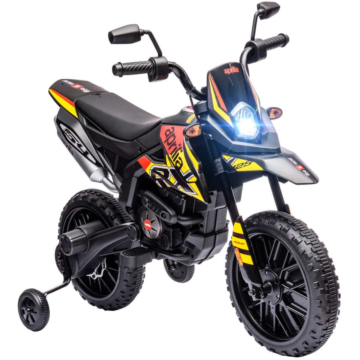 Qaba - 12V Kids Motorcycle, Aprilia Licensed Electric Motorcycle with Training Wheels, Suspension, LED Light, USB, Music