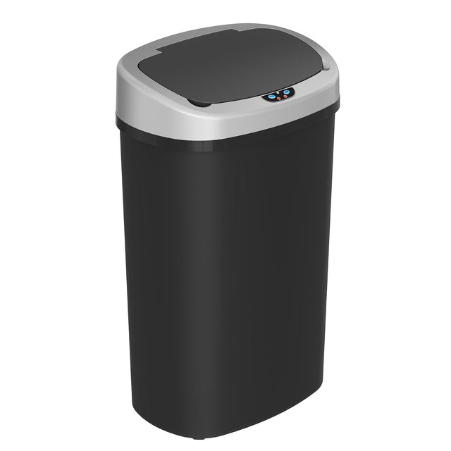 Front. iTouchless - 13 Gallon Oval Plastic Sensor Kitchen Trash Can with AbsorbX Odor Filter - Black.