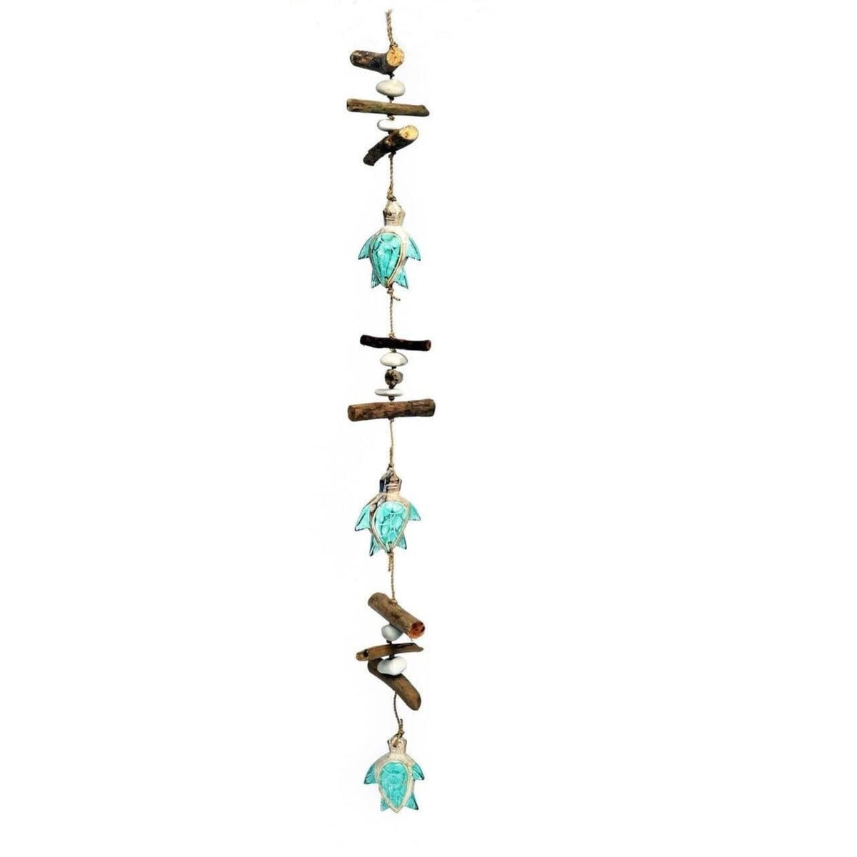 Bamboo Source Tropical Decor - Wooden Aqua Three Sea Turtle Strand With Driftwood and Stone Mobile 34.5 inch - Multicolor