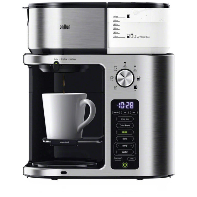 50 oz 2 45 oz 3 BRAUN 40 oz 35 oz 30 oz 25 oz 1 Cold Brew Coffee - Drip Se 1 - - - 2 -4 . ta - L -10:28 AUTO HR MIN Over ice Cold Brew Gold Bold Temp Water cup shelf