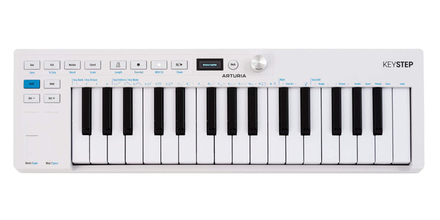 See Save Shift Ary. See Hold Mutate Chord Reset Scale Seq Bank J Arp Octave - - 1. A Length Overdub See Pattern y Arp Mode e I 3 1 4 MIDI Ch - Pn Chain I 1 artuaria Tnglinp Back ARTURIA A C 1 3 14 B N o( Rate - Time Dre Seq tde - Nudge d - Octave - Soublle Quant KEYSTEP Reload Clear unde Oct DET + Bend /Gate Mod Spice