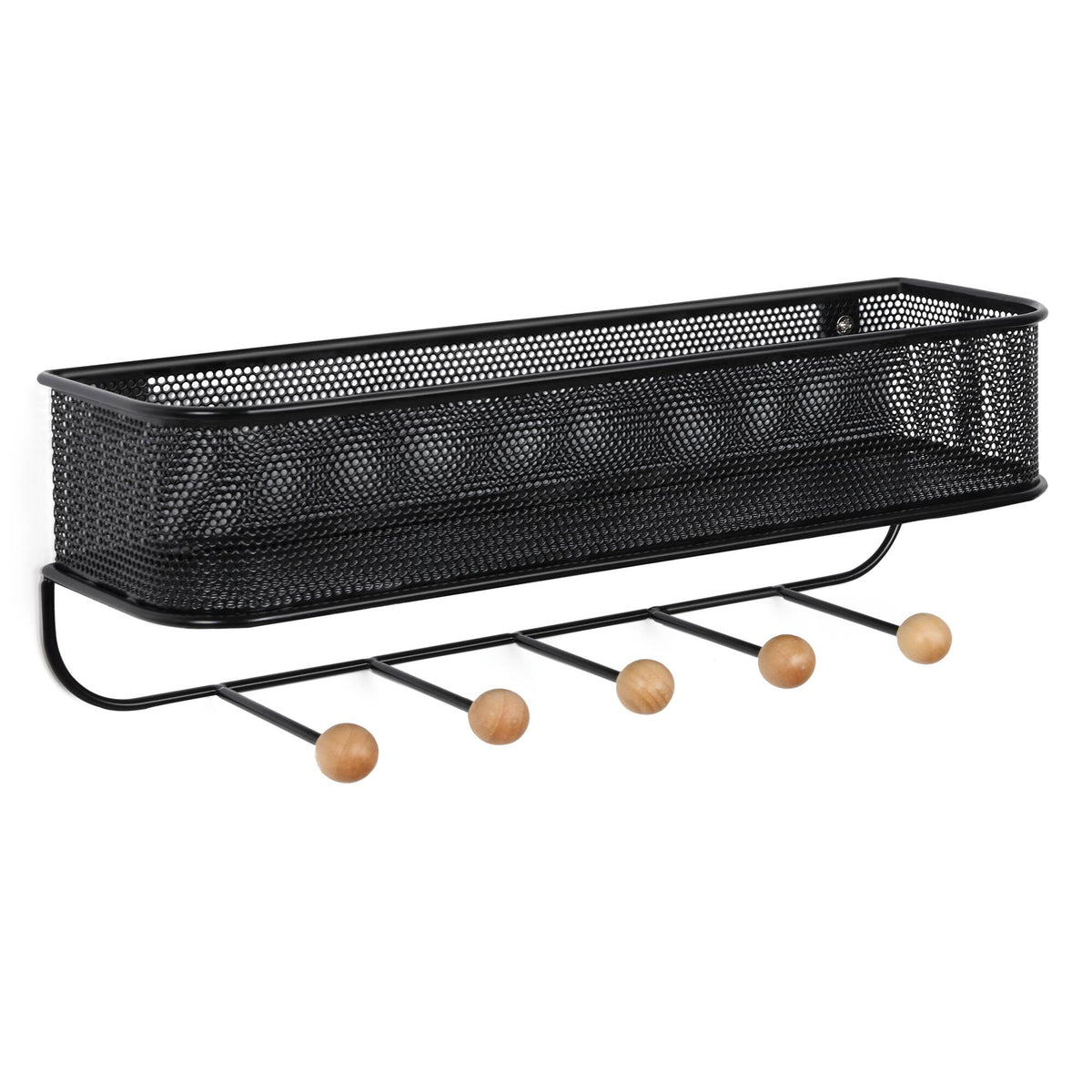 Oumilen - Mesh Wall Storage Basket with Wooden Hooks, Black