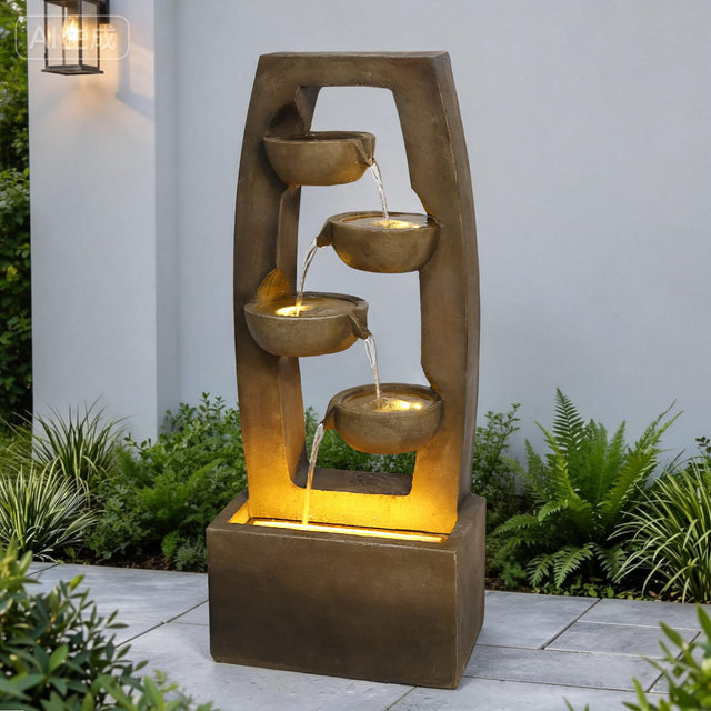 Front. Anysun - Modern Outdoor Water Fountain with Lights – 4-Tier Cascading Bowl Waterfall Freestanding Garden Fountain - Brown.