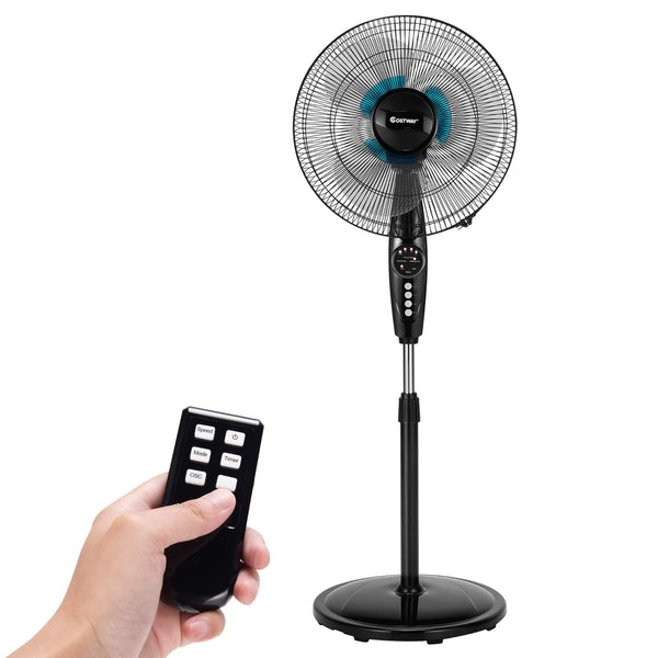 Costway - 16" Adjustable Oscillating Pedestal Fan Dual Blades w/Remote Control - Black